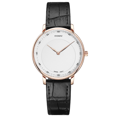 COGU石英表数字刻度真皮表带超薄简约腕表C602L